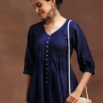 Blue Woven Design Silk Blend A-Line Kurti