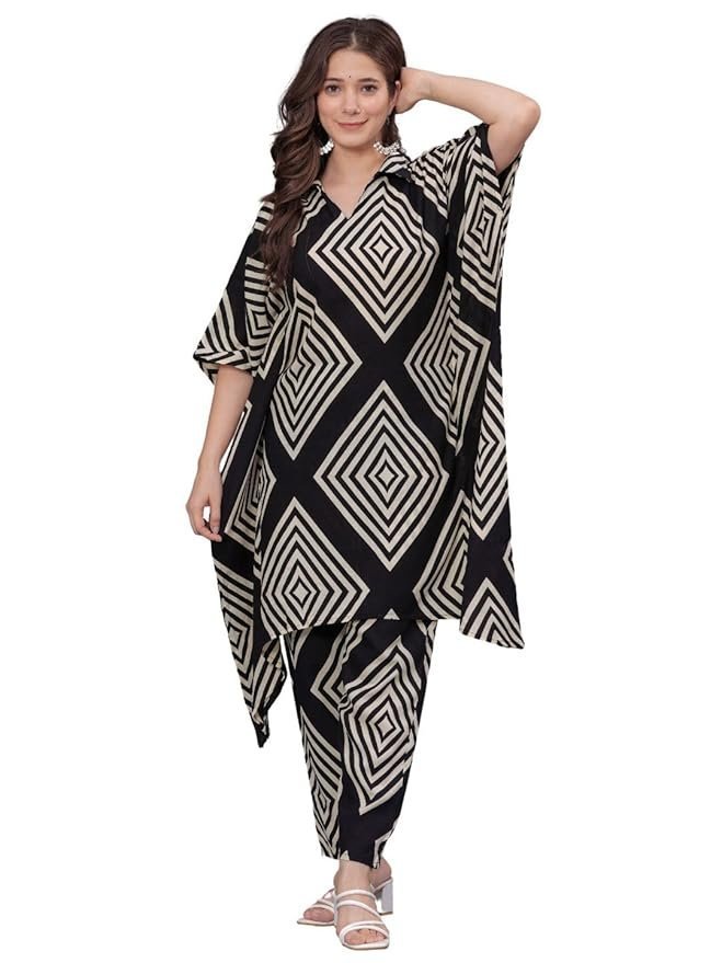 61yIcILPlqL._SY879_.jpg Rayon Women's Printed Kaftan Kurta Pant Set - Image 1