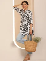 White Printed Silk Blend Straight Tunic - Image 5