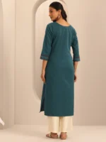 Teal Printed Cotton Blend Straight Kurta - Image 2